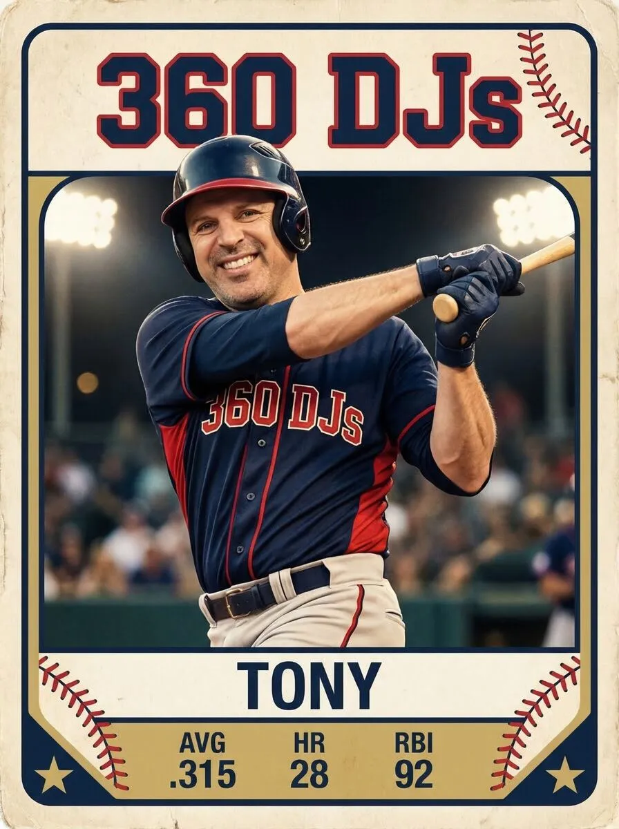 Baseball card style AI portrait featuring a 360 DJs player in a stadium scene