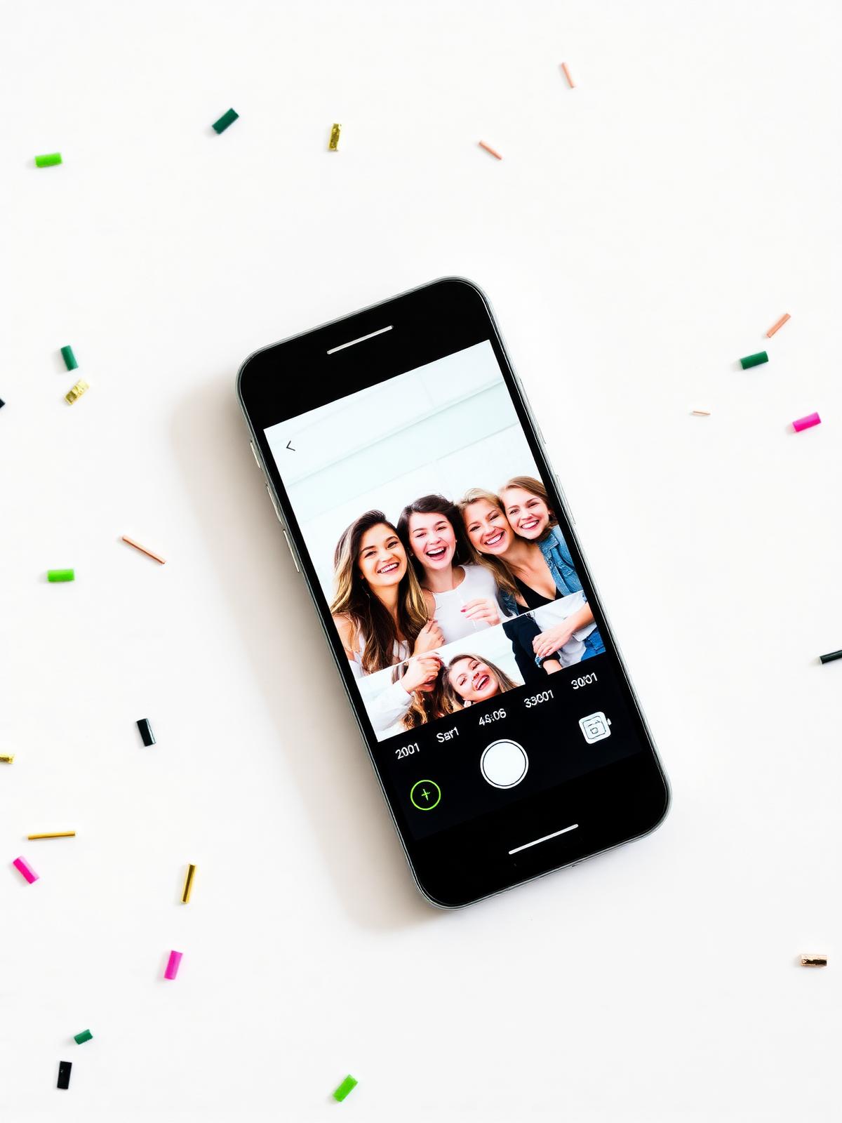 Smartphone showing a fun 3-photo virtual photo booth strip with friends laughing